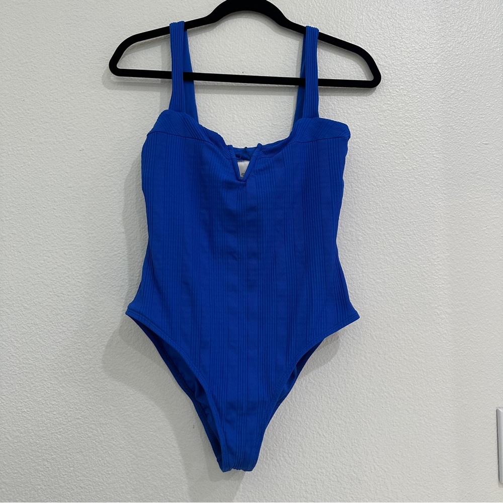 L* Space Bright Blue One- Piece Swimsuit with Ribbed Texture V Notched Detail - Picture 3 of 7